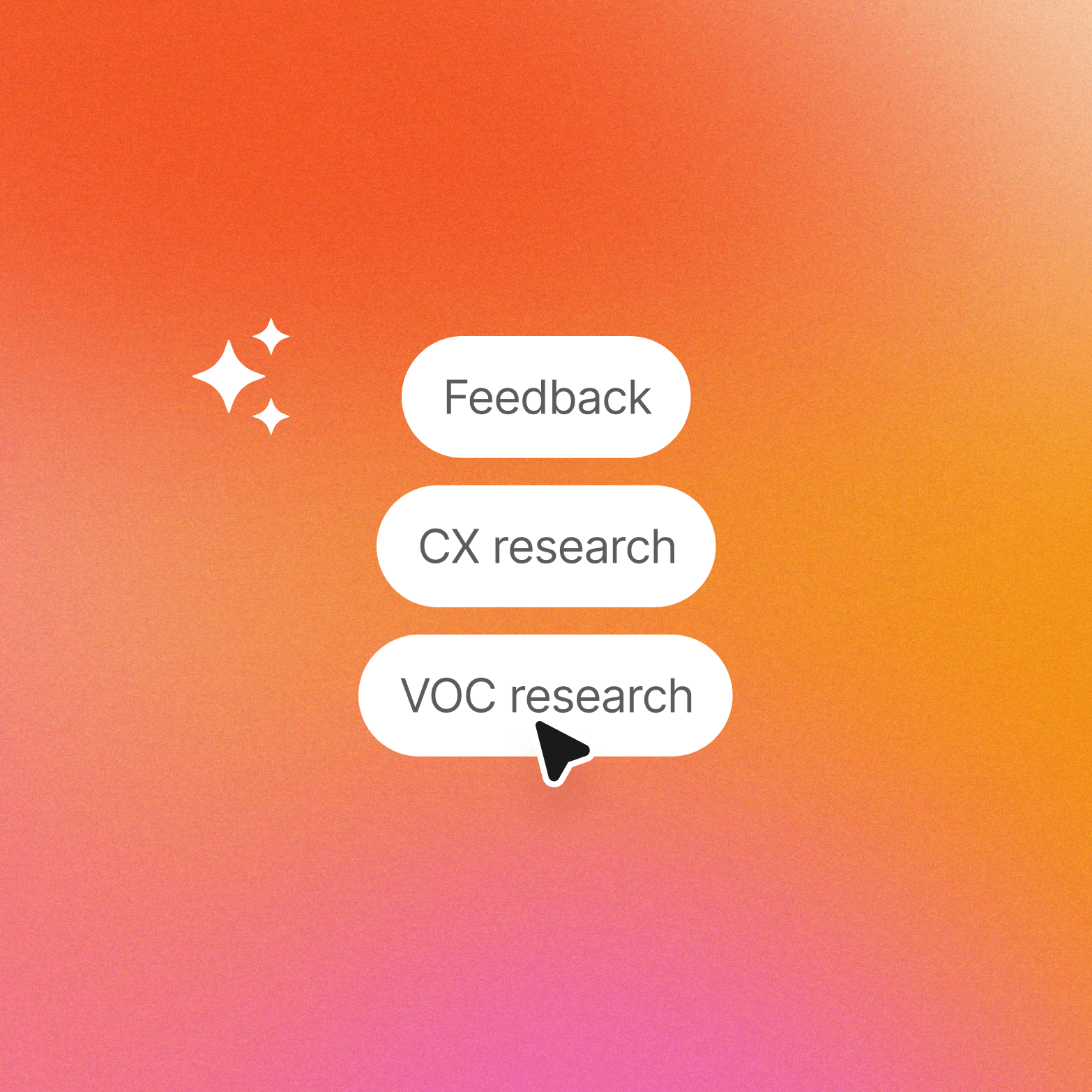 Three stacked pill-shaped labels reading "Feedback," "CX research," and "VOC research" on an orange-to-pink gradient background, with white sparkle icons at top left and a cursor pointing at the bottom label.
