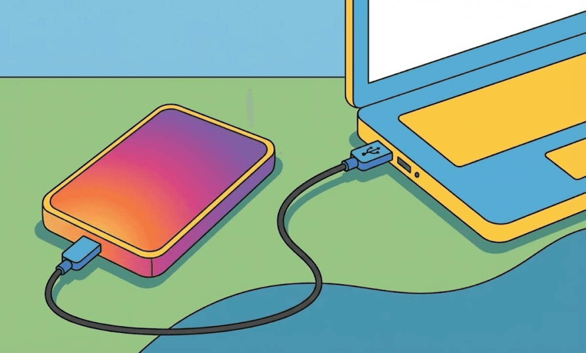 External hard drive connected to a laptop with a cable, illustrating optimized storage setup for faster and smoother video editing performance.