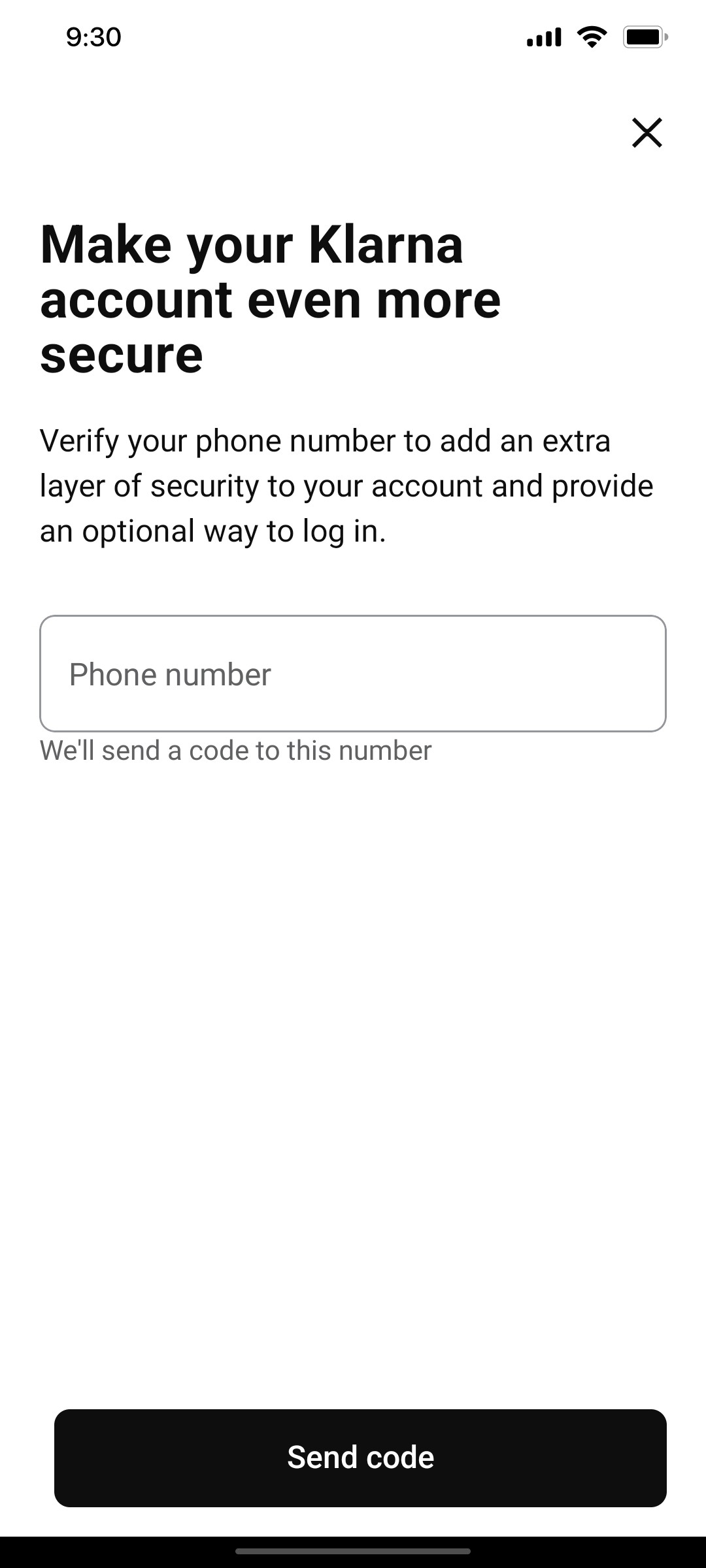Klarna Send Code Page Screen