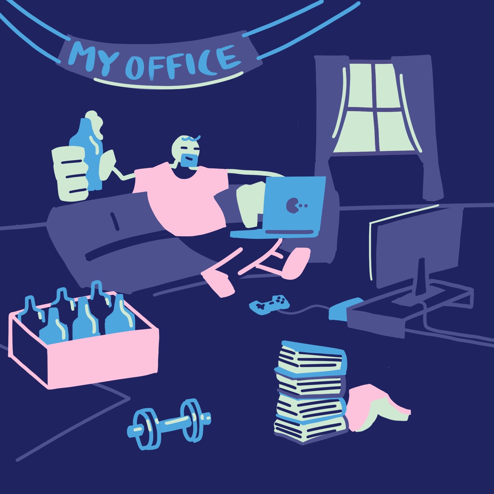 Funny illustration about HomeOffice during Covid with the man enjoying his liberties at home on the couch with the laptop on his lap.