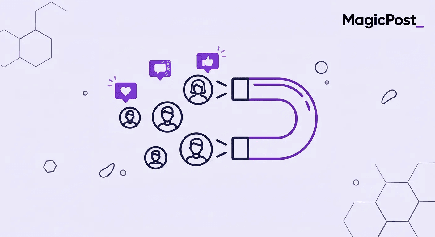 An illustration of a magnet pulling in reactions and engagement from different social media users, symbolizing the importance of reach in social selling on LinkedIn