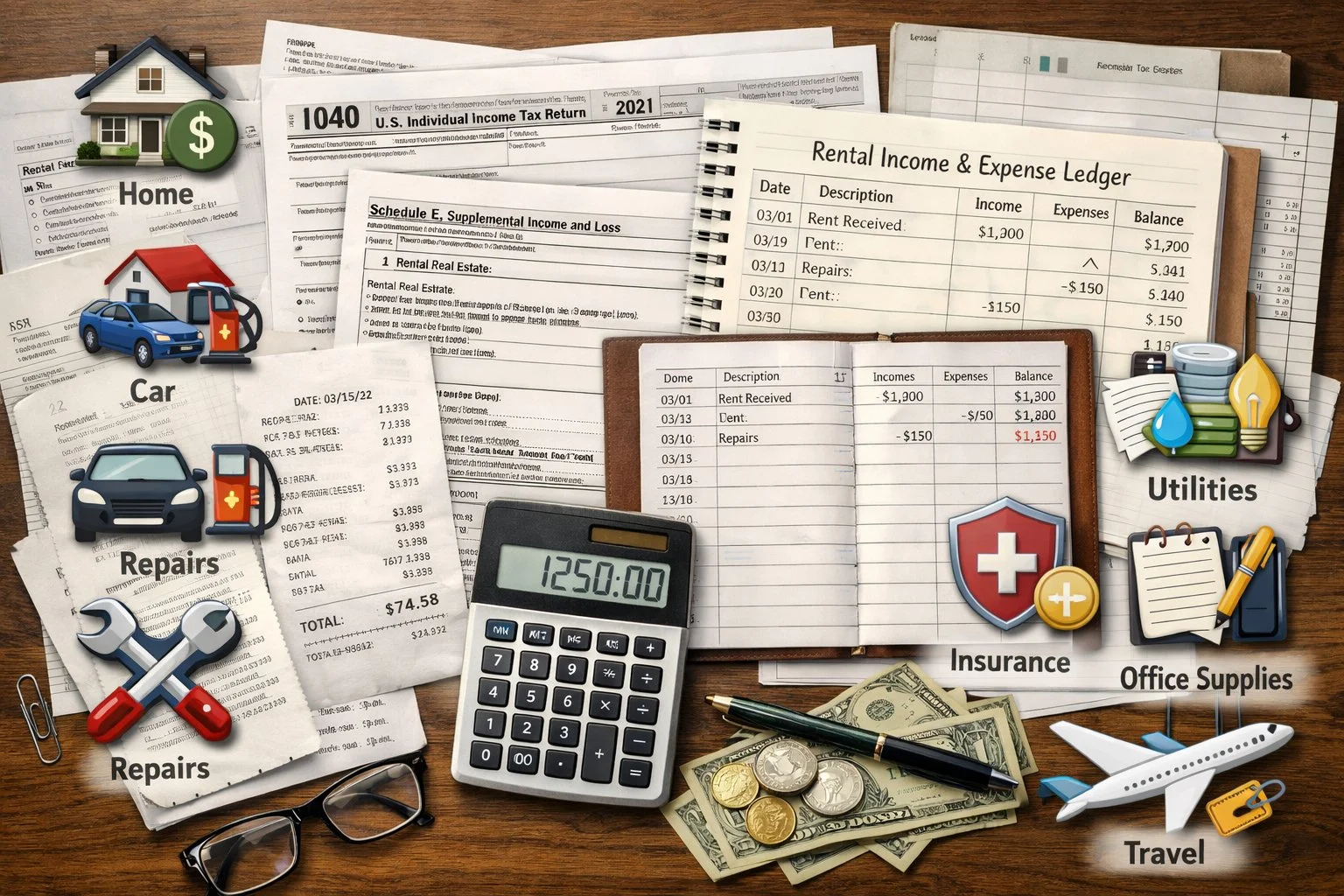 IRS tax forms, receipts, and a rental ledger, with icons highlighting deductible expenses.