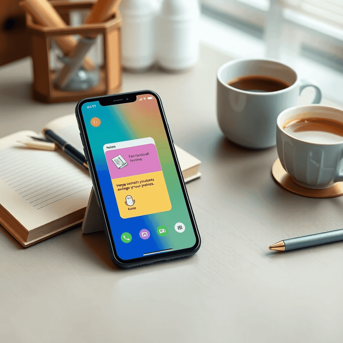 A modern digital journaling setup featuring a smartphone with a colorful app interface, surrounded by a cozy workspace with a notebook, pen, and coffee cup.