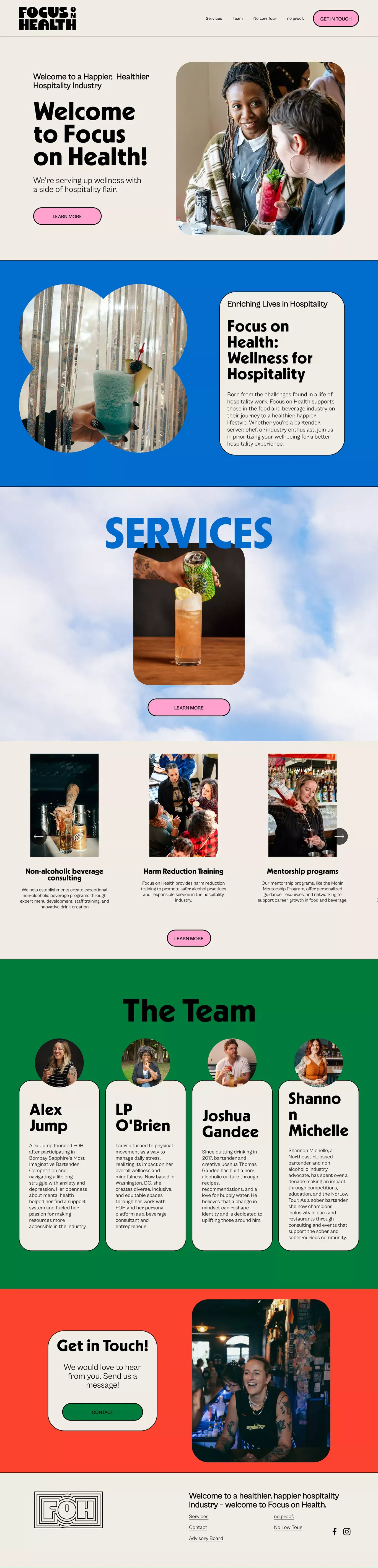 Focus on Health: Wellness for Hospitalit landing page screenshot showcasing Education and Food & Drinks design