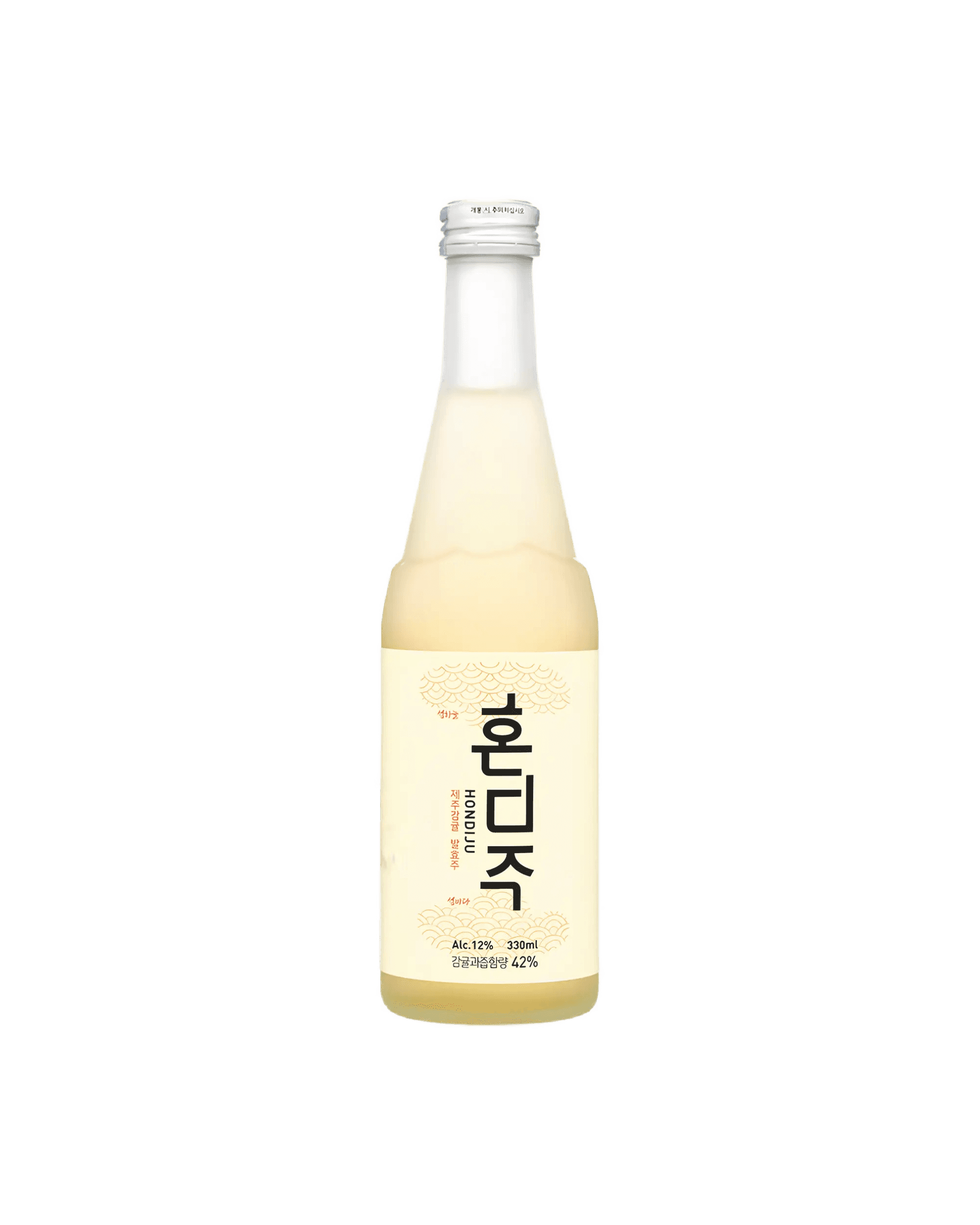 A single bottle of Korean citrus wine with a cream-colored label and silver cap, centered on a solid white background. Hondiju - Citrus Brewery - cult