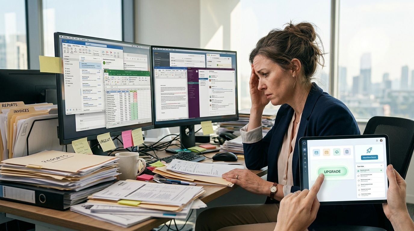 A stressed woman sitting at her desk with multiple monitors and piles of paperwork, touching a tablet screen.