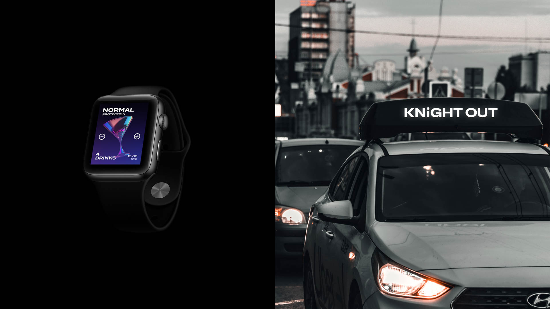 A split image shows two scenes. On the left, a black Apple Watch displaying “NORMAL” and “4 DRINKS” on its screen is centered against a black background. On the right, a gray car with a “KNIGHT OUT” roof rack is parked on a city street, with buildings and a clock tower visible in the background.