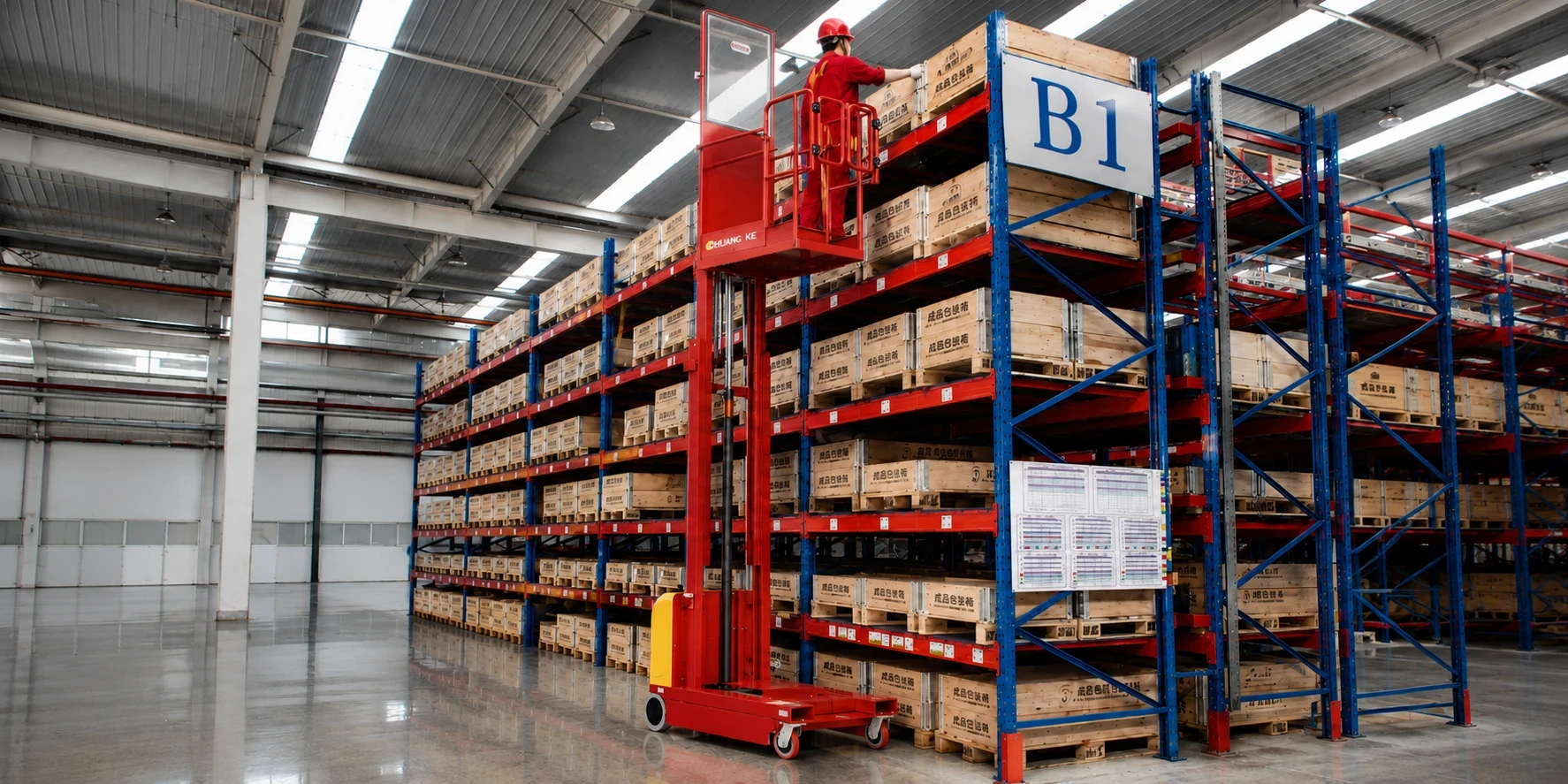 WIZPLUS electric order picker operating for warehouse and distribution center construction applications