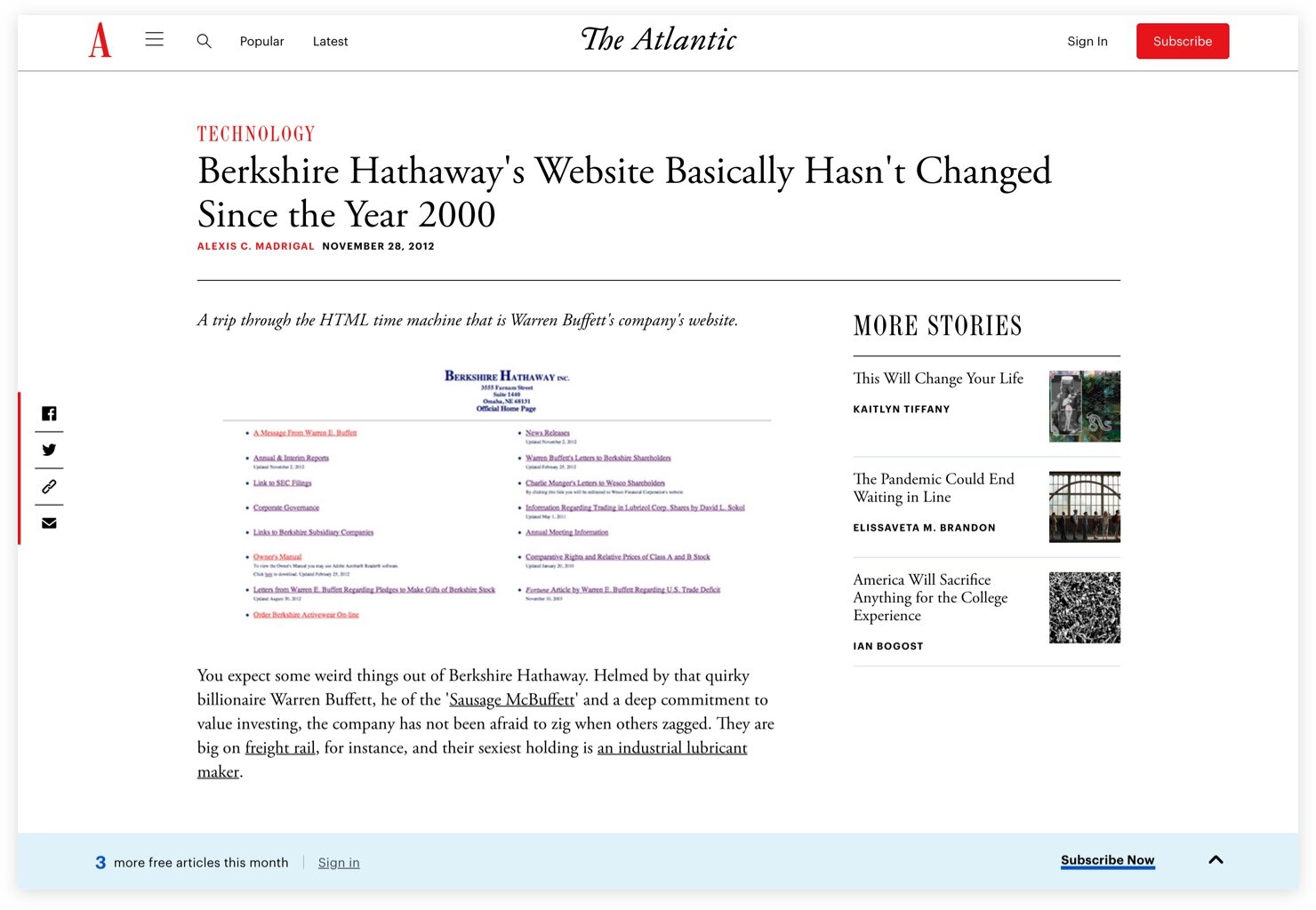 The Atlantic article about Berkshire Hathaway’s unchanged website