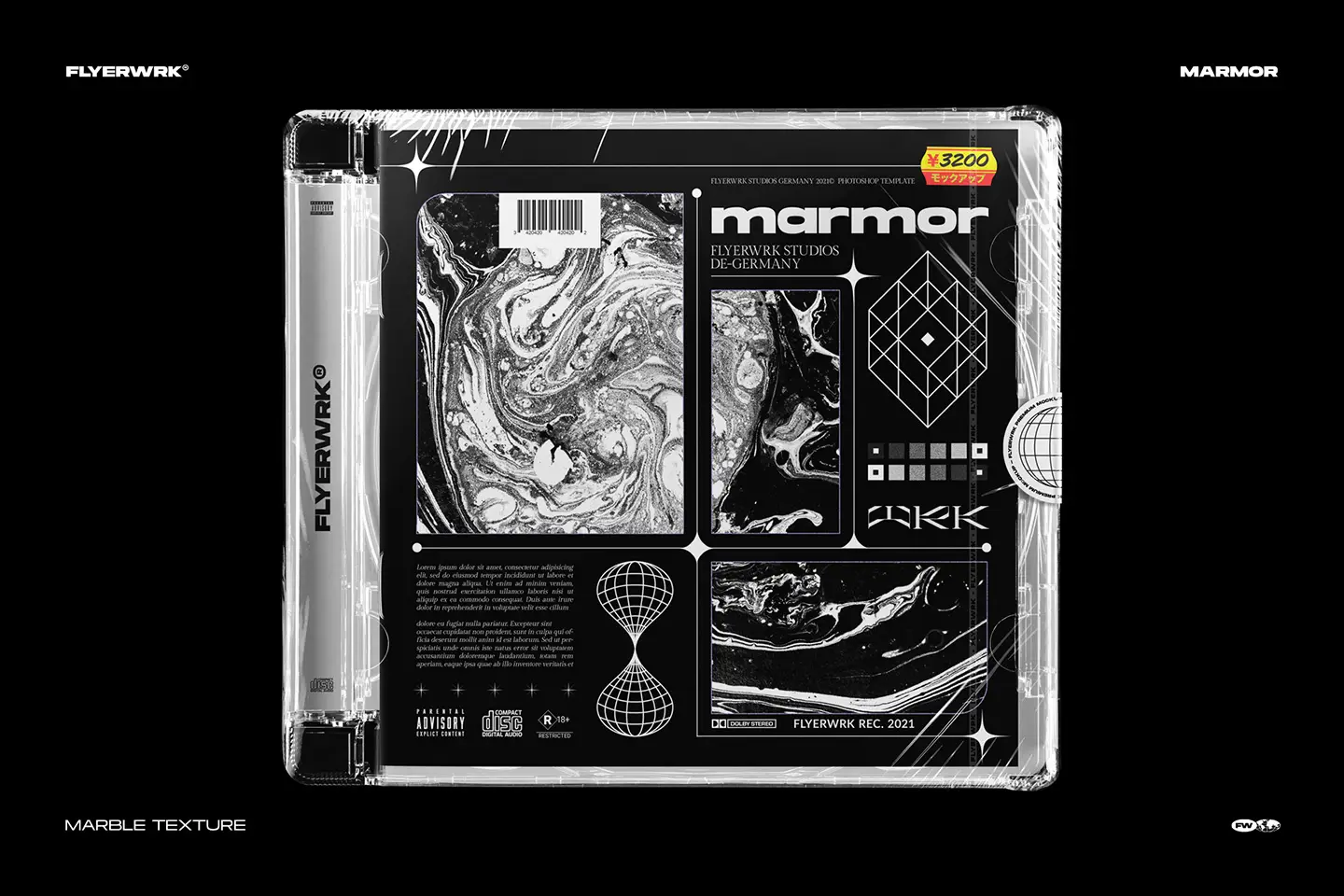 Marmor marble ink texture applied to a creative jewel case mockup for high resolution branding
