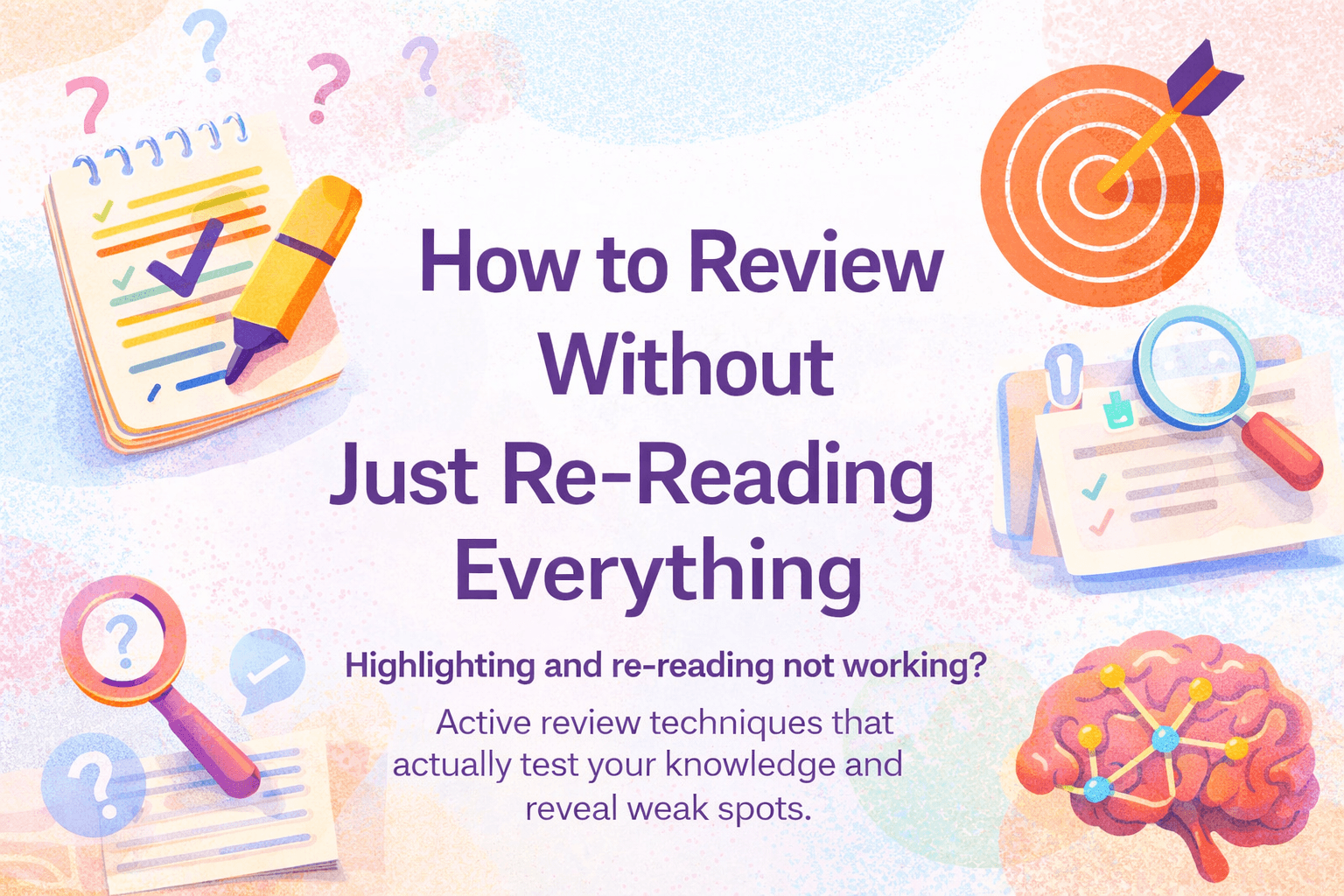 How to Review Without Just Re-Reading Everything with notebook, highlighter and brain icons showing active study techniques.