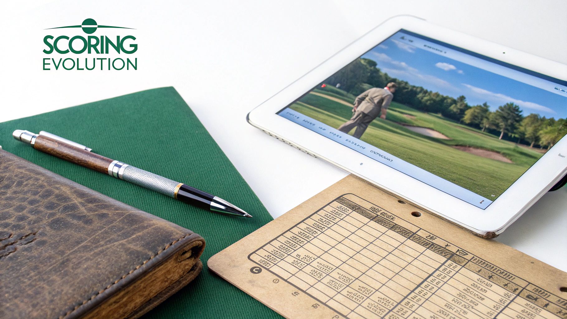 A flat lay of golf essentials: a tablet showing a golf course, a scorecard, a pen, and a notebook.