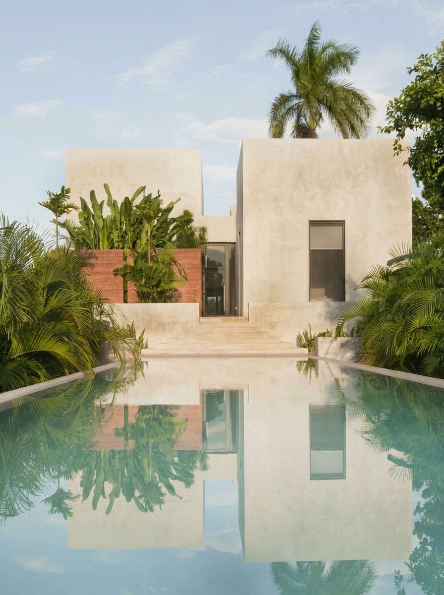 Symmetrical minimalist white concrete villa surrounded by tropical palms, perfectly reflected in a long pool.