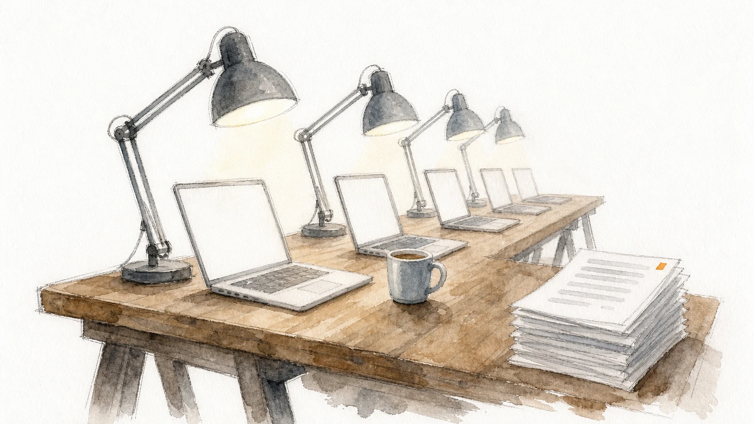 A long workbench with many identical desk lamps and open laptops in a row, suggesting a large team working side by side.