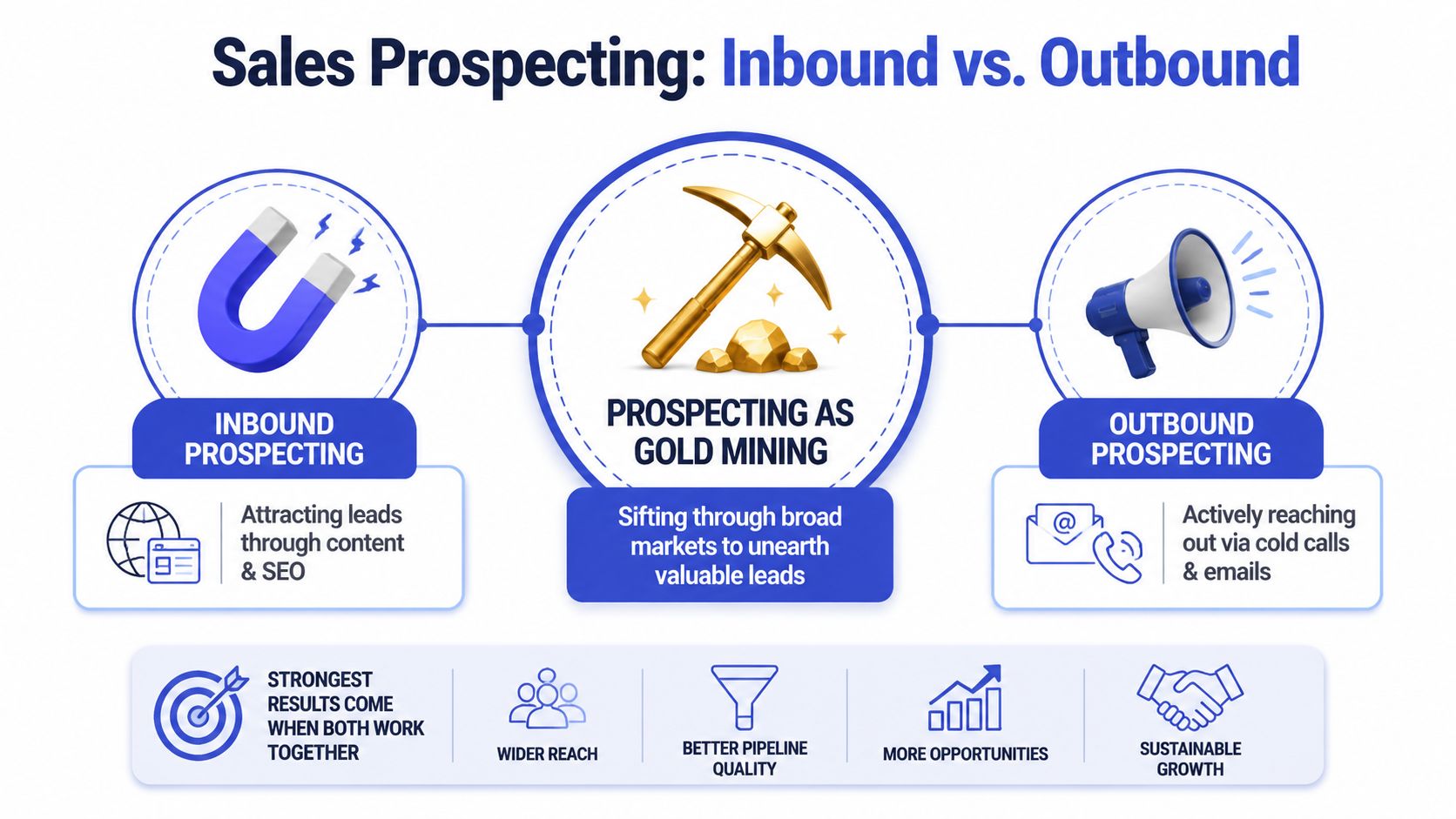 A diagram comparing inbound and outbound sales prospecting strategies as part of a gold mining metaphor.