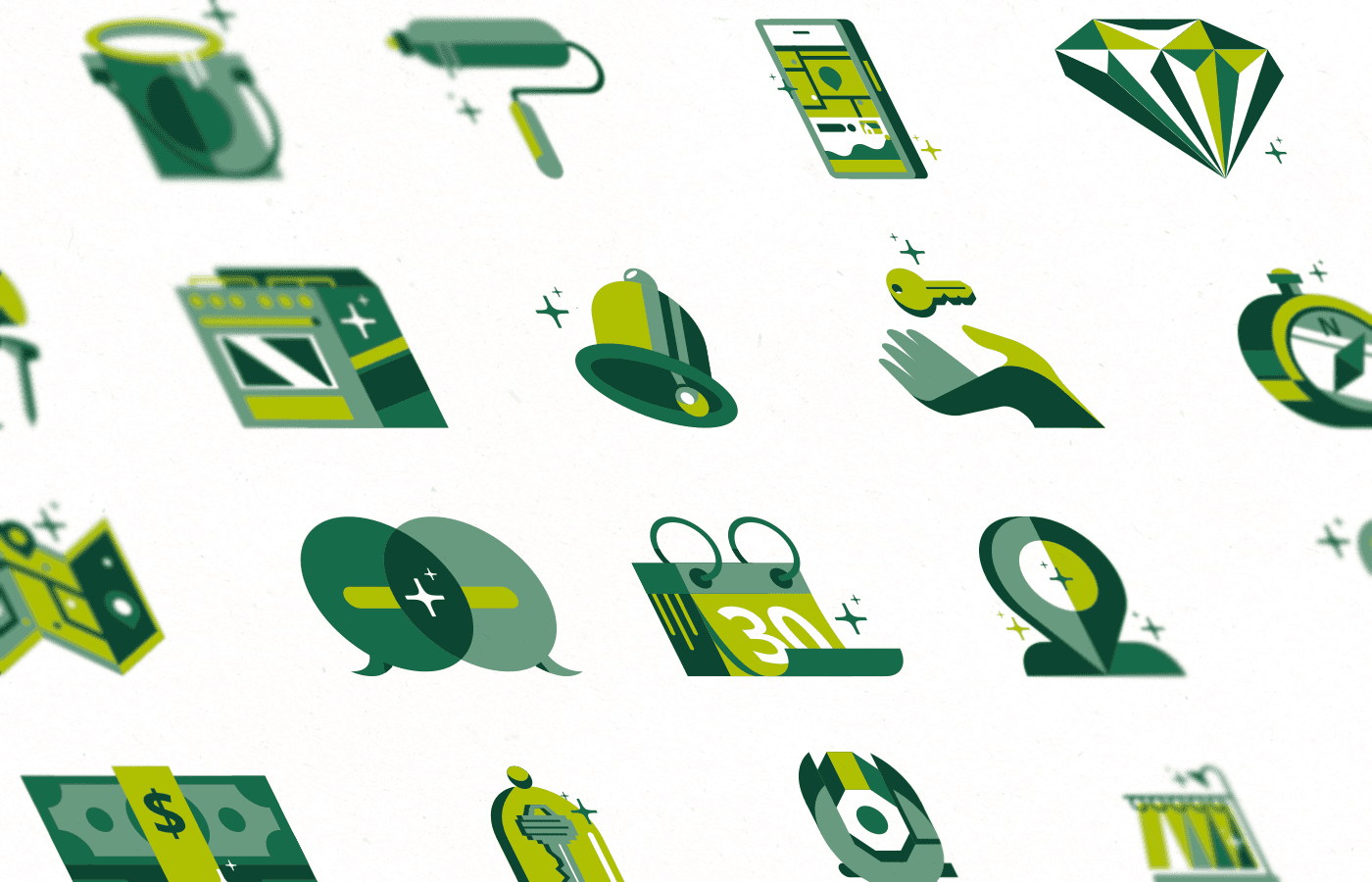 An image of icons designed by Jonathan Holt for Realm Home. The icons include a paint can, paint roller, smart phone, diamond, oven, bell, key. compass, chat, calendar, location pin, money, and more.