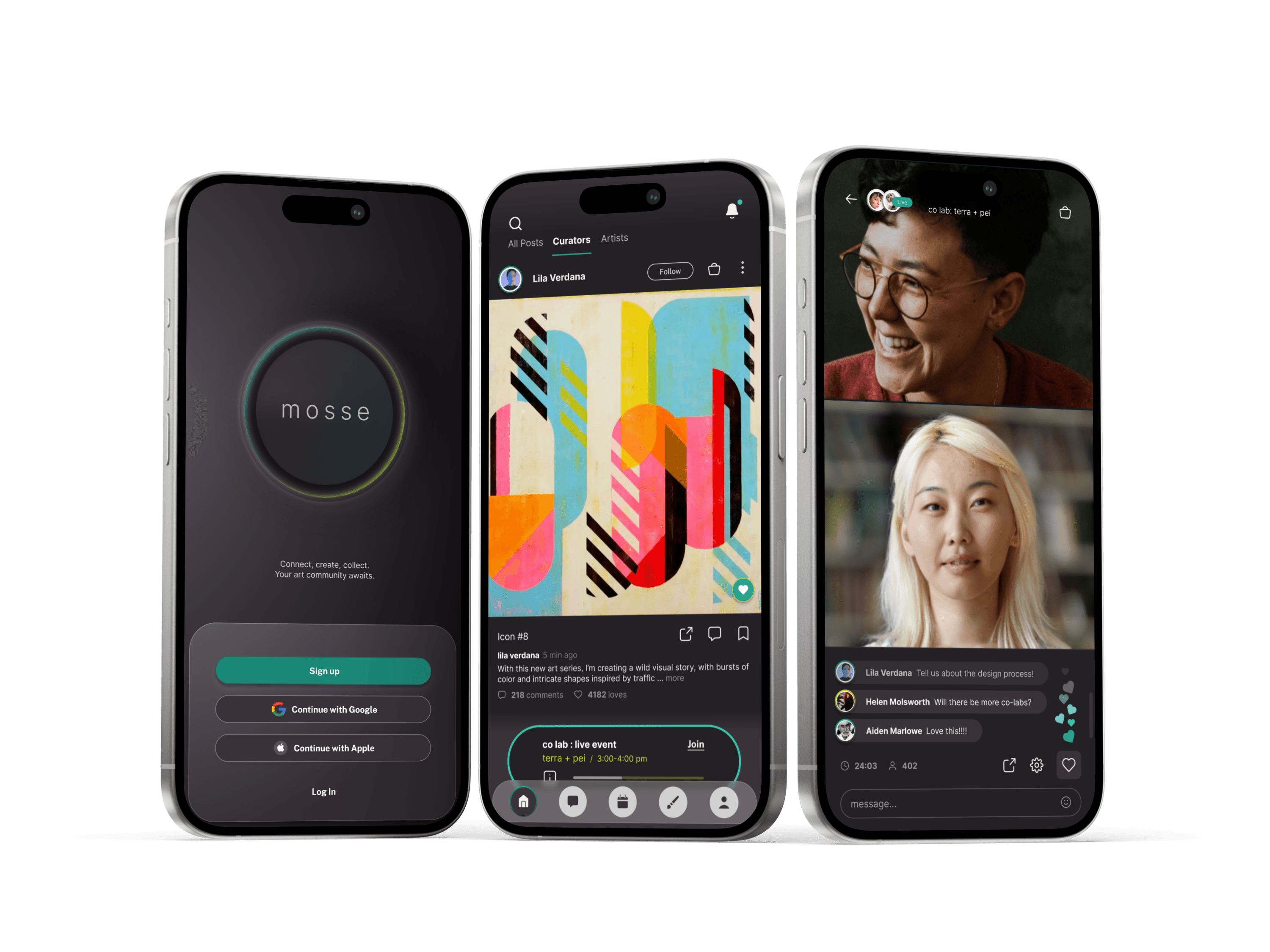 Three iPhones display the splash screen, home feed, and a live event, capturing the collective journey of discovering and engaging with art.