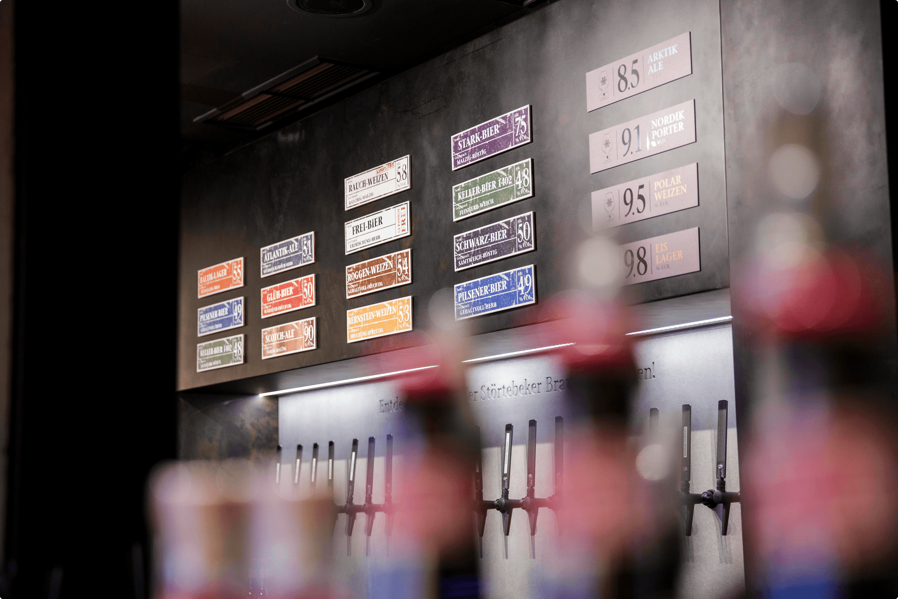 Beer taps and signs with beer names and prices.