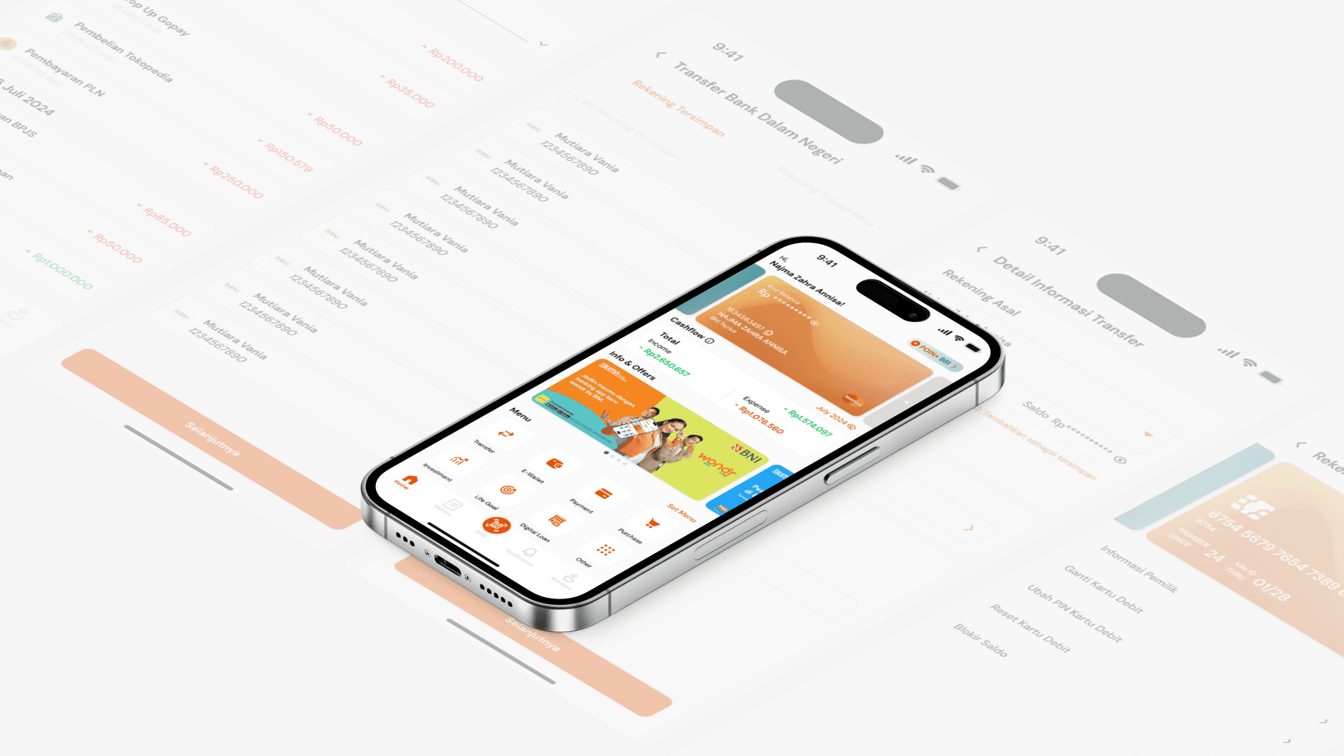 A smartphone displaying a financial app interface, featuring balance, recent transactions, and navigation icons. The background shows blurred app screens.