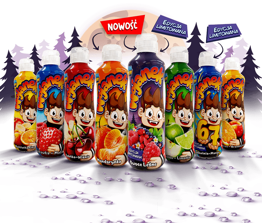 Wojanek – napój owocowy w butelkach, smaki: owoce leśne, mandarynka, jabłko-limonka, jabłko-wiśnia, pomarańcza-mango, multiwitamina, truskawka-malina, pomarańcza-brzoskwinia