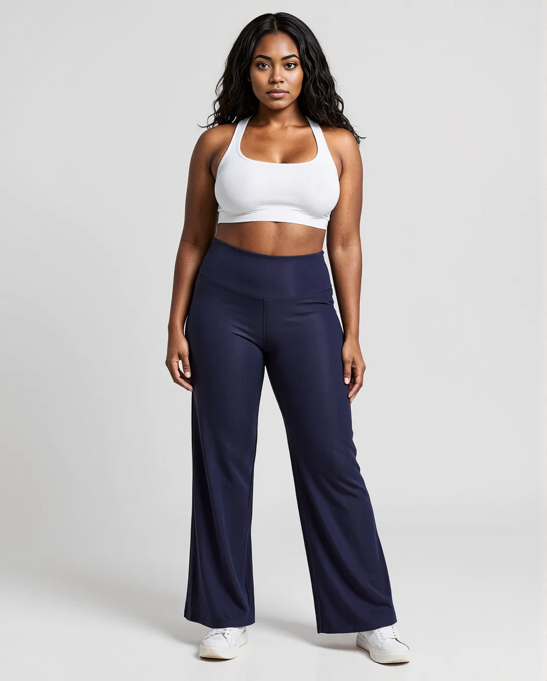 Fitness apparel photography featuring navy wide-leg pants paired with white sports bra on neutral background in professional studio style