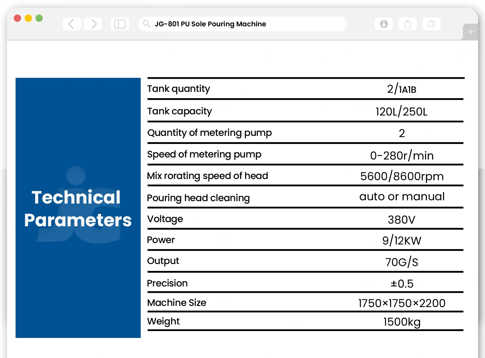 JG-802 machine dimension drawing and specifications
