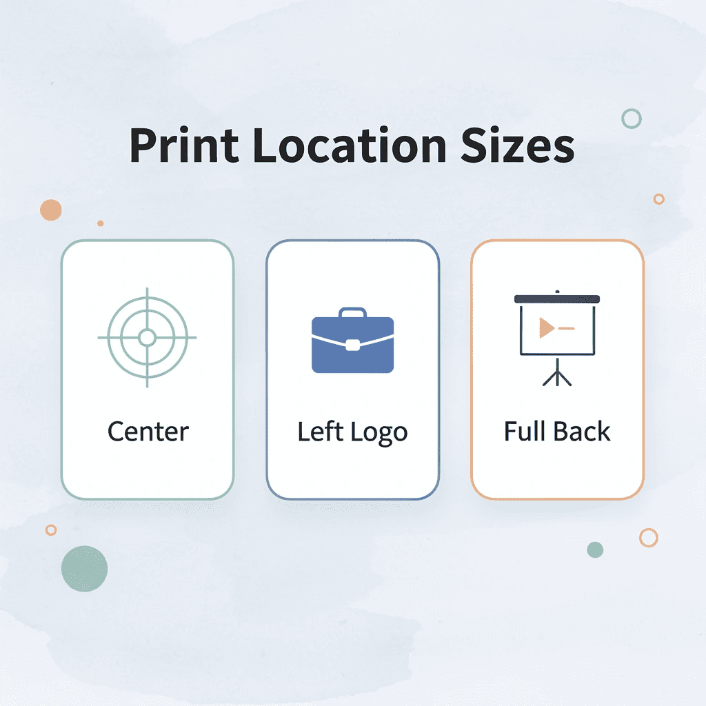 Infographic showing three print location types and their recommended sizes - T-Shirt Design Size