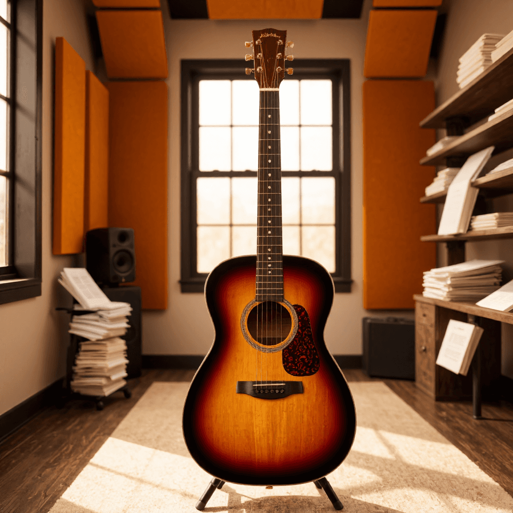 product photography of an acoustic guitar with a sunburst finish, used for music performance