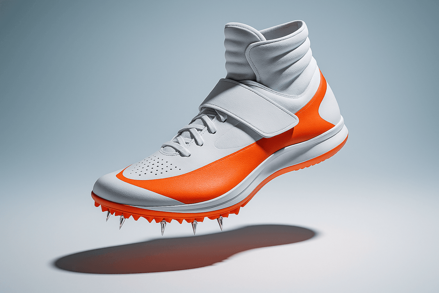 Floating white track shoe with bright orange accents and metal spikes, presented in a clean studio environment with a soft shadow.