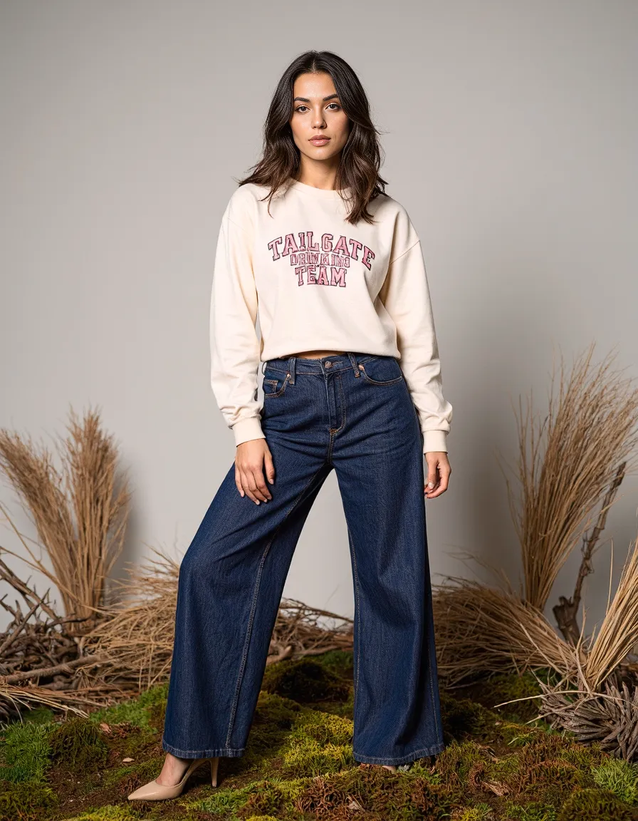 Fashion photograph featuring wide-leg denim jeans paired with cream "Tailgate Team" sweatshirt against natural pampas grass backdrop