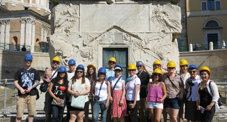 group of students with helmets