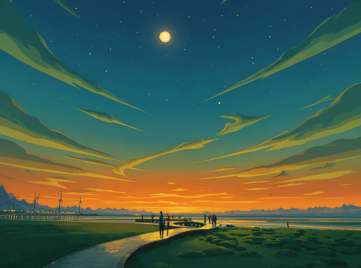 Illustrated boardwalk at dusk under a full moon