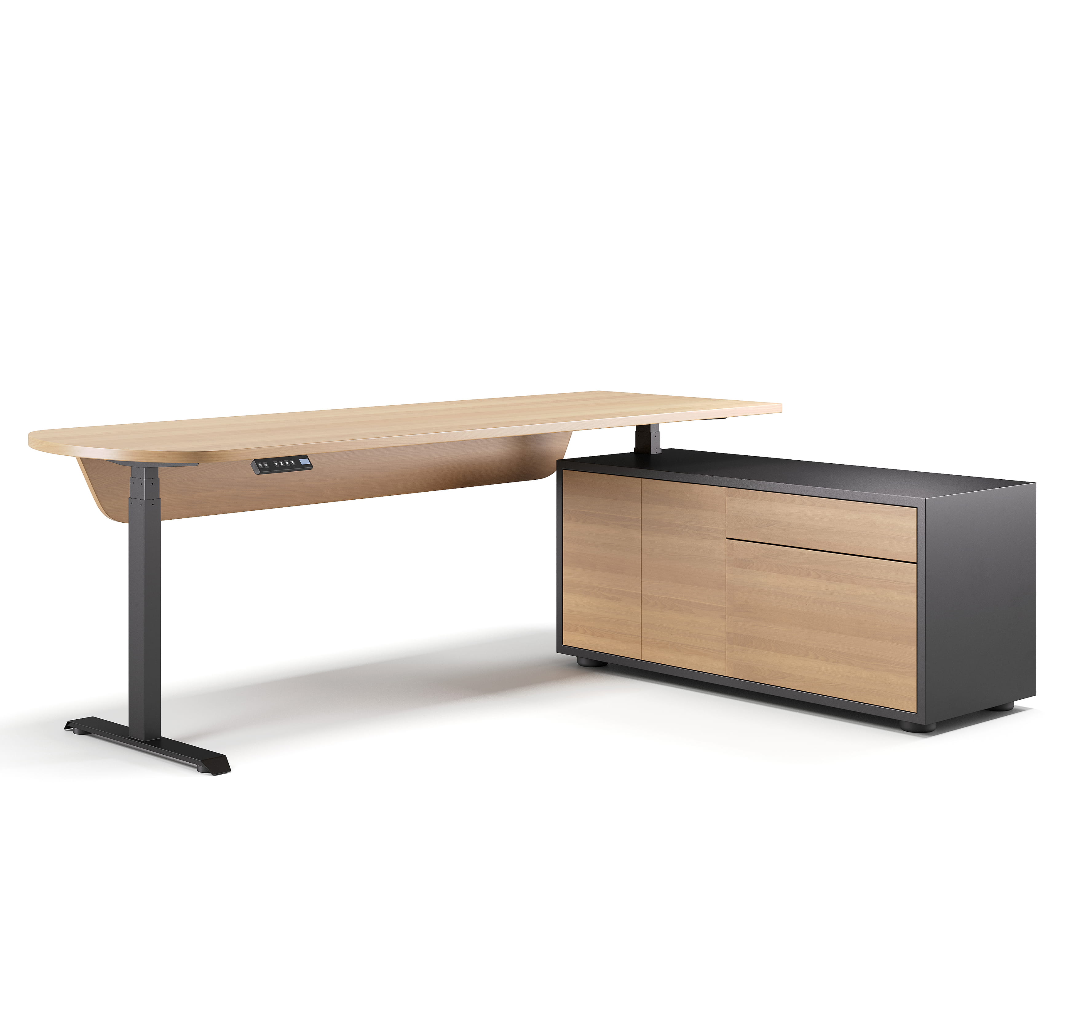 Height-adjustable desk with wooden top and side storage unit in office design