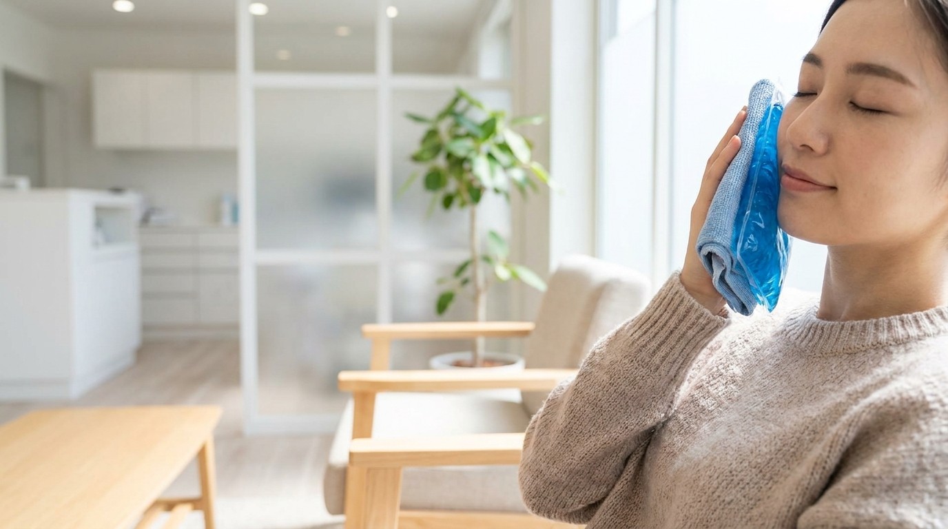 Person applying a cold compress to the cheek to reduce swelling and ease dental pain at home.