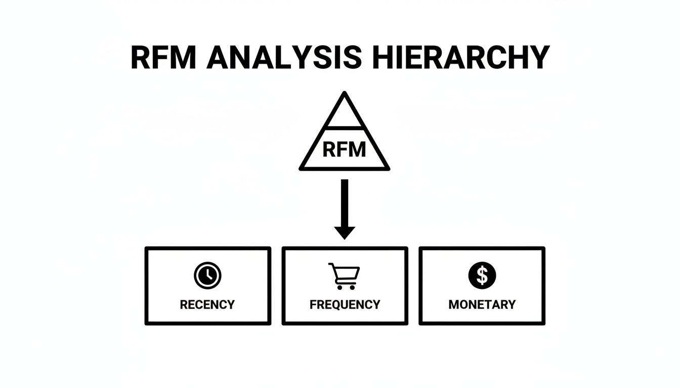 A diagram illustrating the RFM analysis hierarchy, showing Recency, Frequency, and Monetary components.