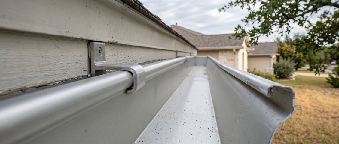 A hidden hanger clipped over the front bead of a new seamless gutter and screwed into the fascia