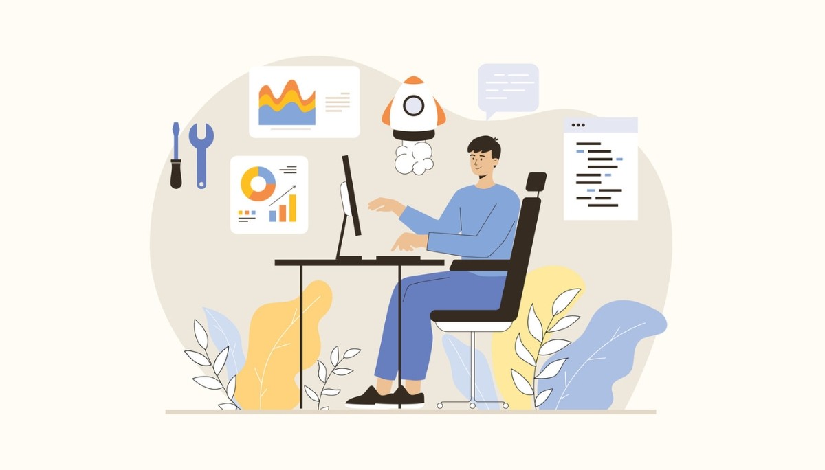 Illustration of a person working at a computer surrounded by charts, code snippets, tools, and launch icons—symbolizing the multifaceted role of a founding engineer in building, analyzing, and launching tech products.