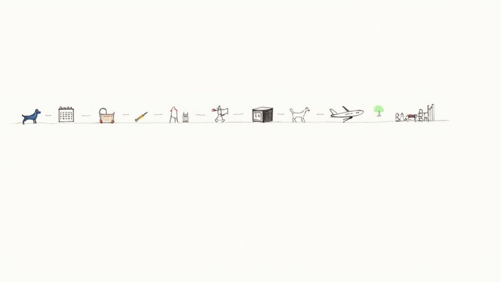 A whimsical line drawing illustrating a journey with a blue dog, calendar, carrier, airplane, and family.