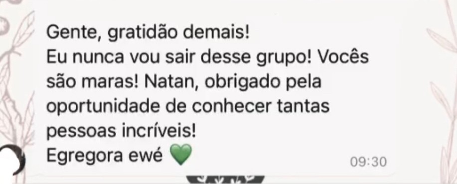 Gente, gratidão demais ! Eu nunca vou sair desse grupo! Vocês são maras! Natan, obrigado pela oportunidade de conhecer tantas pessoas Incríveis! Egregora ewé!