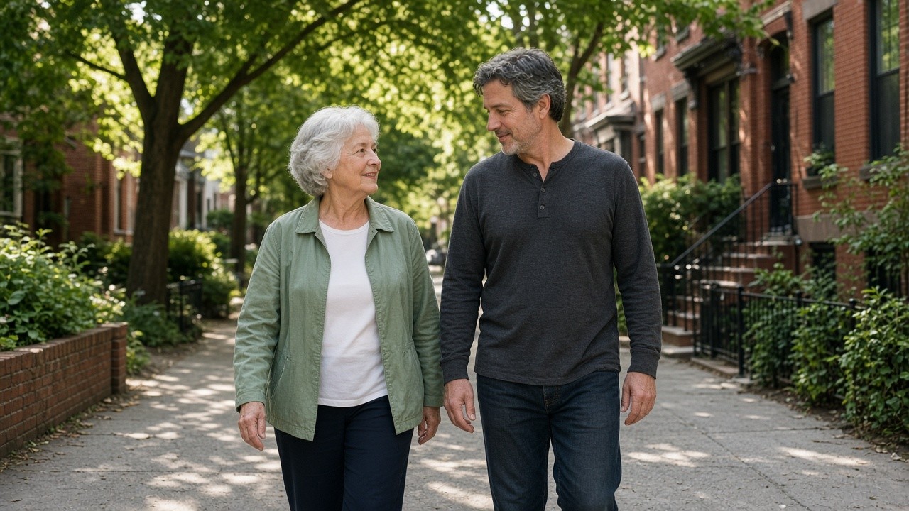 The image shows an elderly woman with gray hair wearing a light green jacket over a white shirt, walking and conversing with a middle-aged man dressed in a dark long-sleeve shirt and jeans. They are on a tree-lined urban street with residential brick buildings visible in the background. The scene captures a moment of companionship and healthy daily activity, which can be used to illustrate topics related to aging, cognitive health, and the benefits of walking or social engagement as part of daily habits.