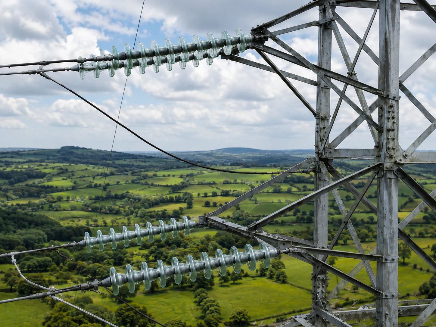 Aerial view of pylons and powerline network across the countryside