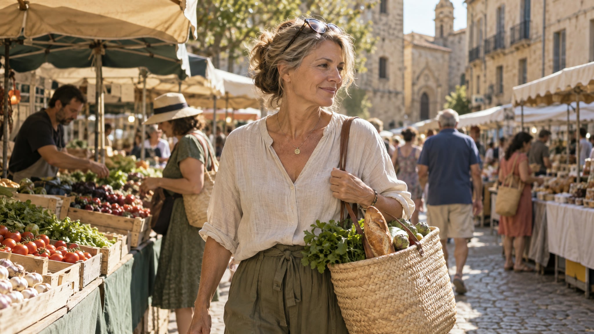 Femme d'une cinquantaine d'années au marché de Pézenas, panier au bras