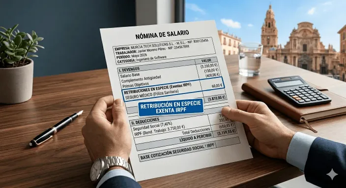Nómina con retribución flexible mostrando la exención de IRPF de hasta 500 euros anuales por el seguro médico de empresa.