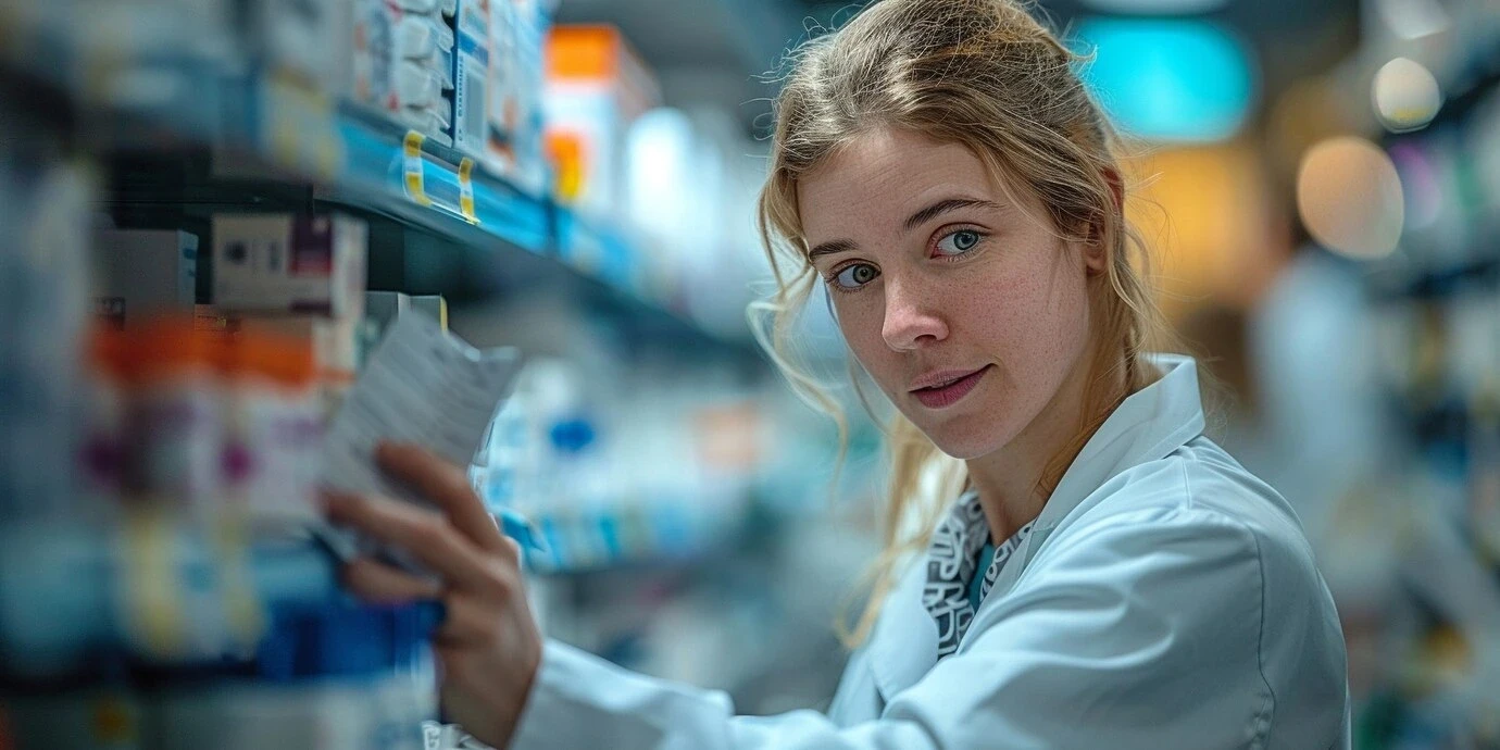  A female pharmacy manager in a white coat is giving an medicines to a customer at the counter in a medical store