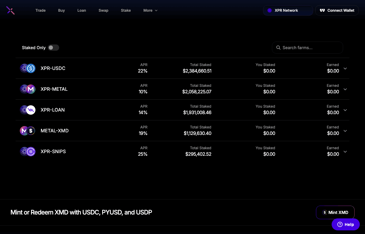 Metal X Farms list with APR and staked amounts