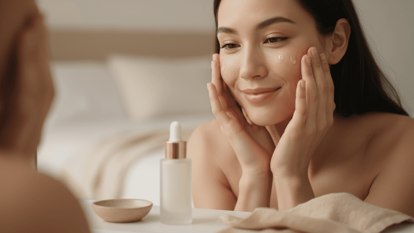 Warm, intimate beauty photograph of a person looking into a mirror with a soft, slight smile as they press a few drops of serum into their cheeks with both hands, skin looking bouncy and relaxed rather than frozen
