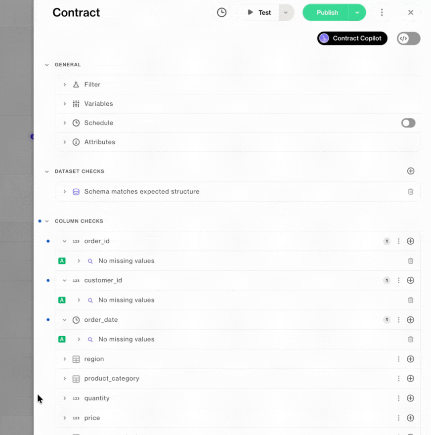 Soda Cloud no-code contract builder adding column checks like 'No missing values' to order_id, customer_id, and region.