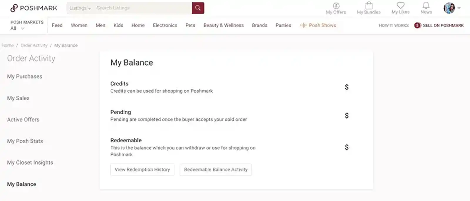 Poshmark My Balance