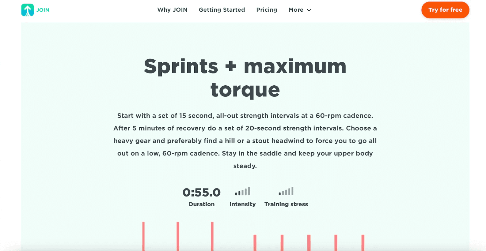 Screen image of JOIN Sprints + maximum torque workout