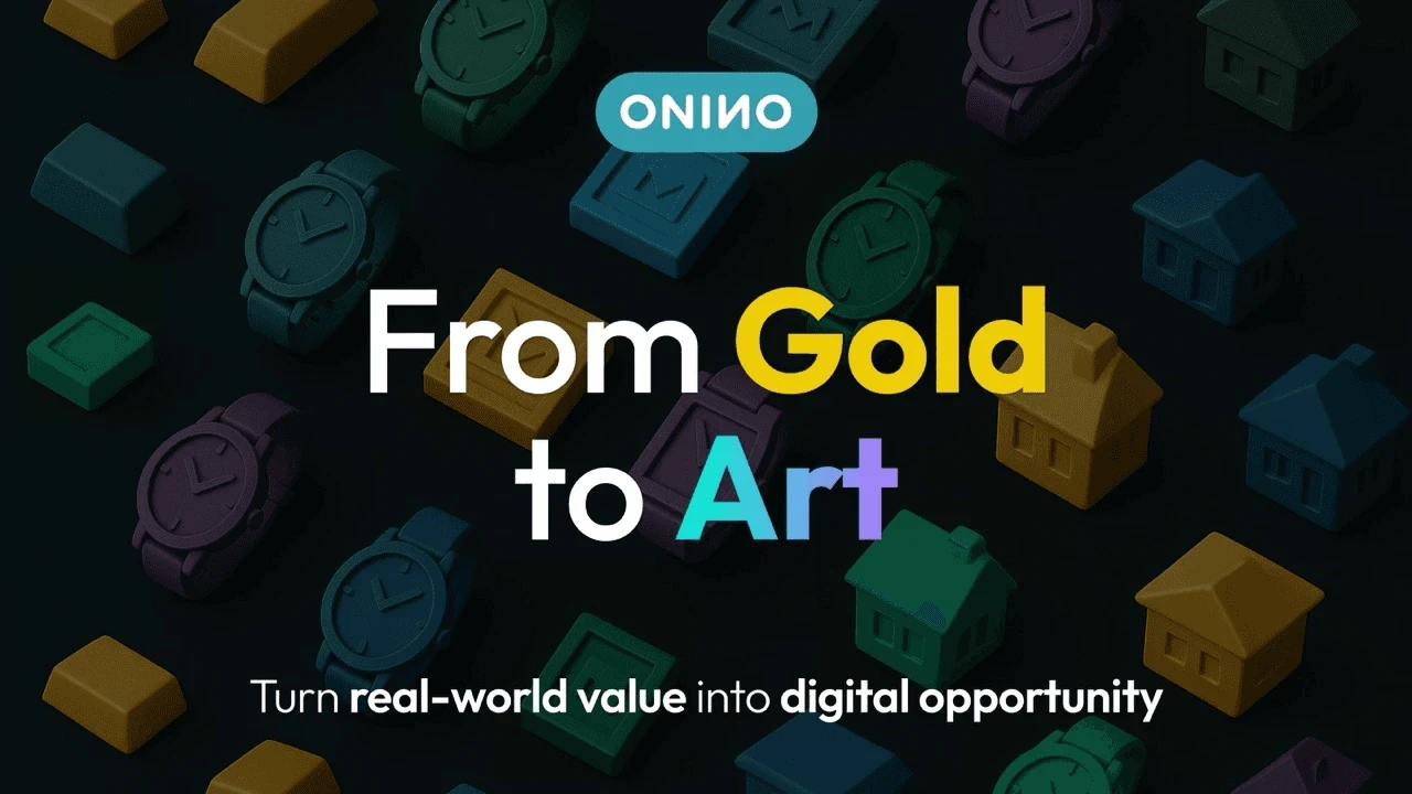Gold bars, luxury watches, and real estate icons illustrating how to turn real-world assets from gold to art into digital opportunity — ONINO